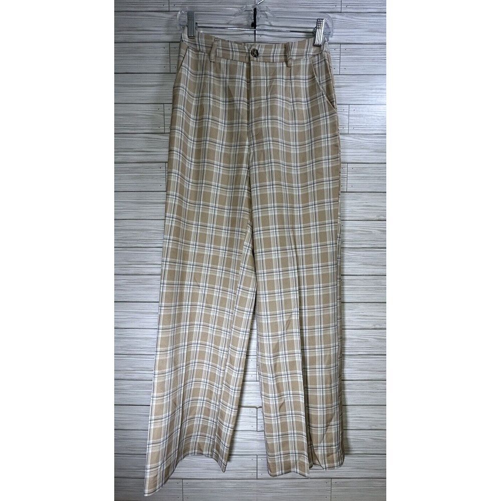 Princess Polly Womens 2โ EUROS PANTS Tan Plaid Wide Leg Plaid Pants Polyester